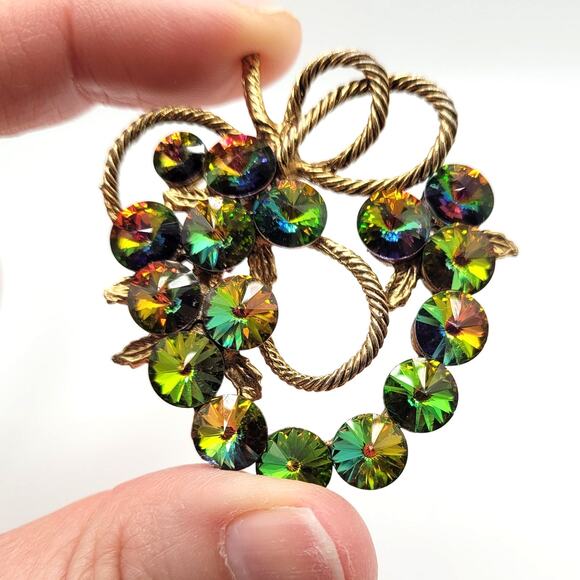 Vintage Unsigned Watermelon Heliotrope Rivoli Brooch 2" Gold Tone Rope Bow - Picture 8 of 8